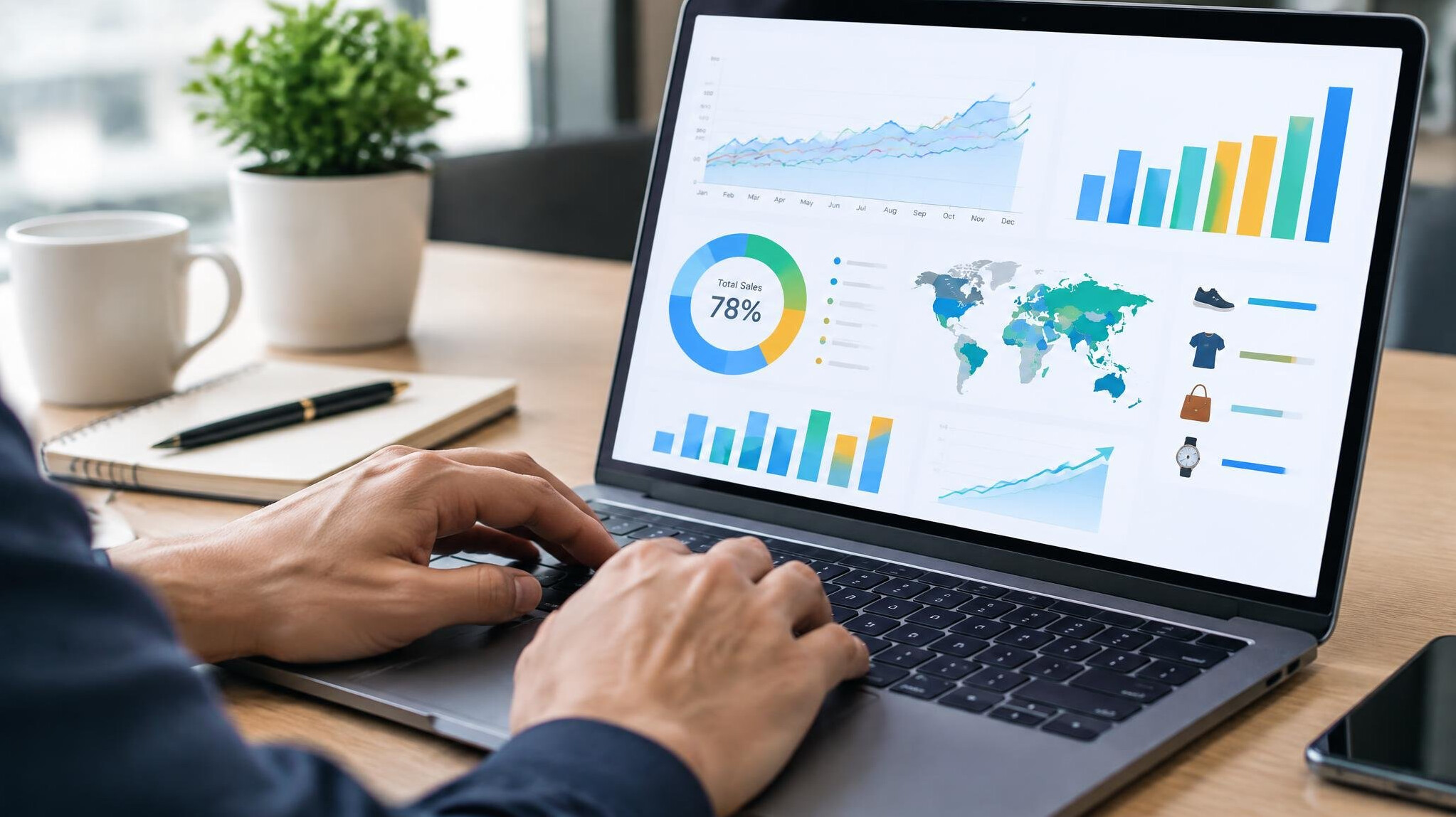 Close-up of hands typing on a laptop displaying a sales analytics dashboard