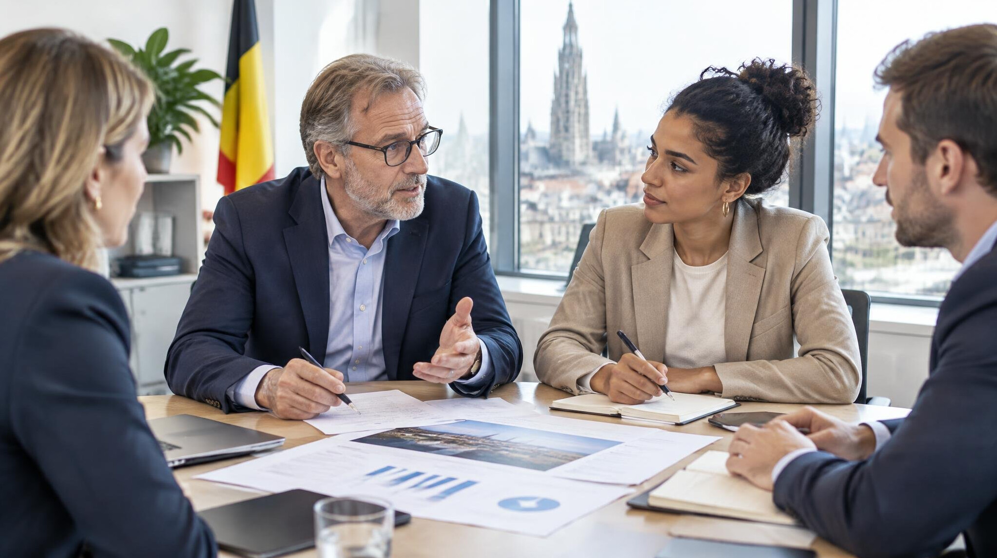 Business team discussing strategy around a table in a bright office