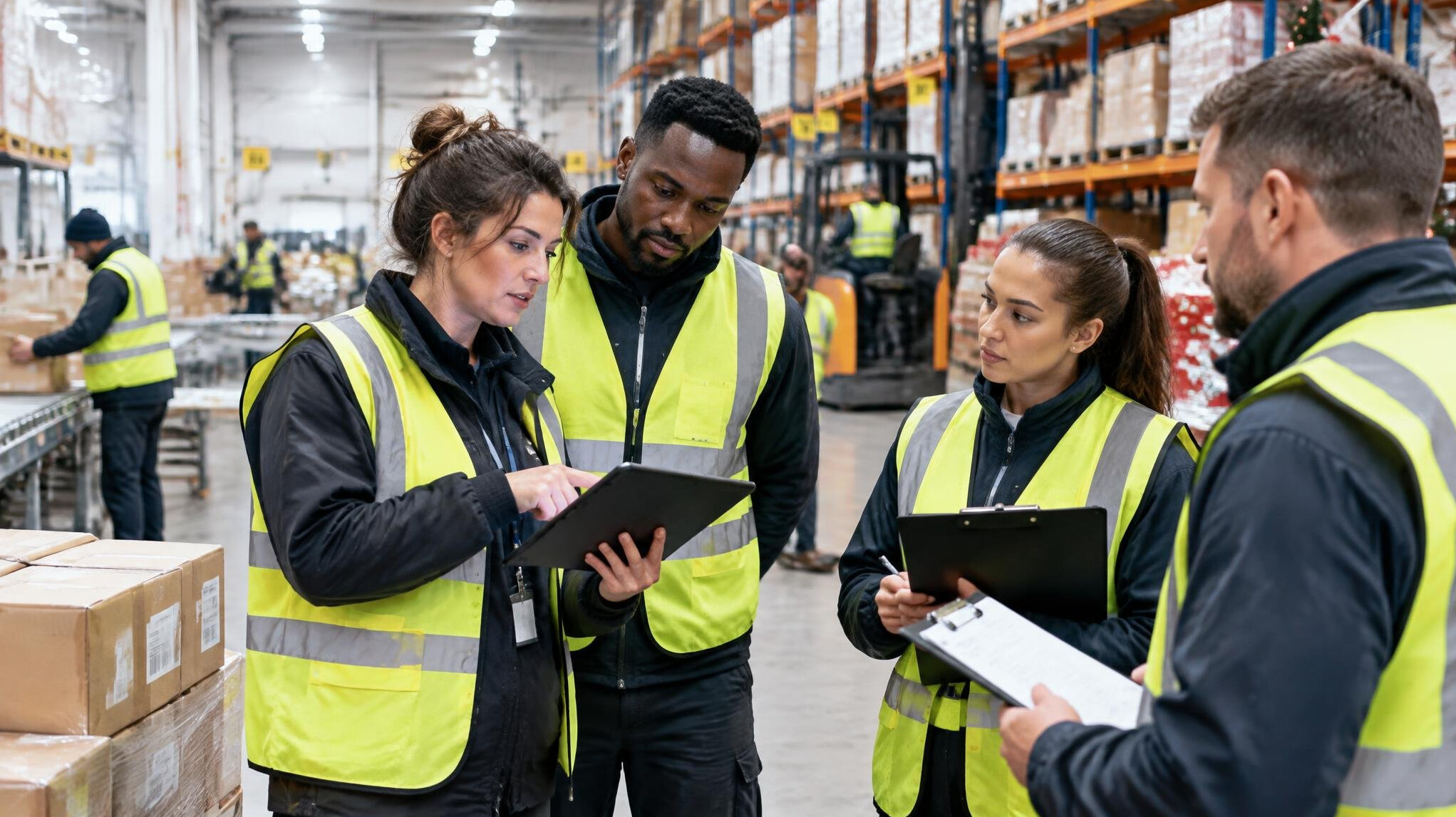 Warehouse logistics team coordinating stock during a peak season