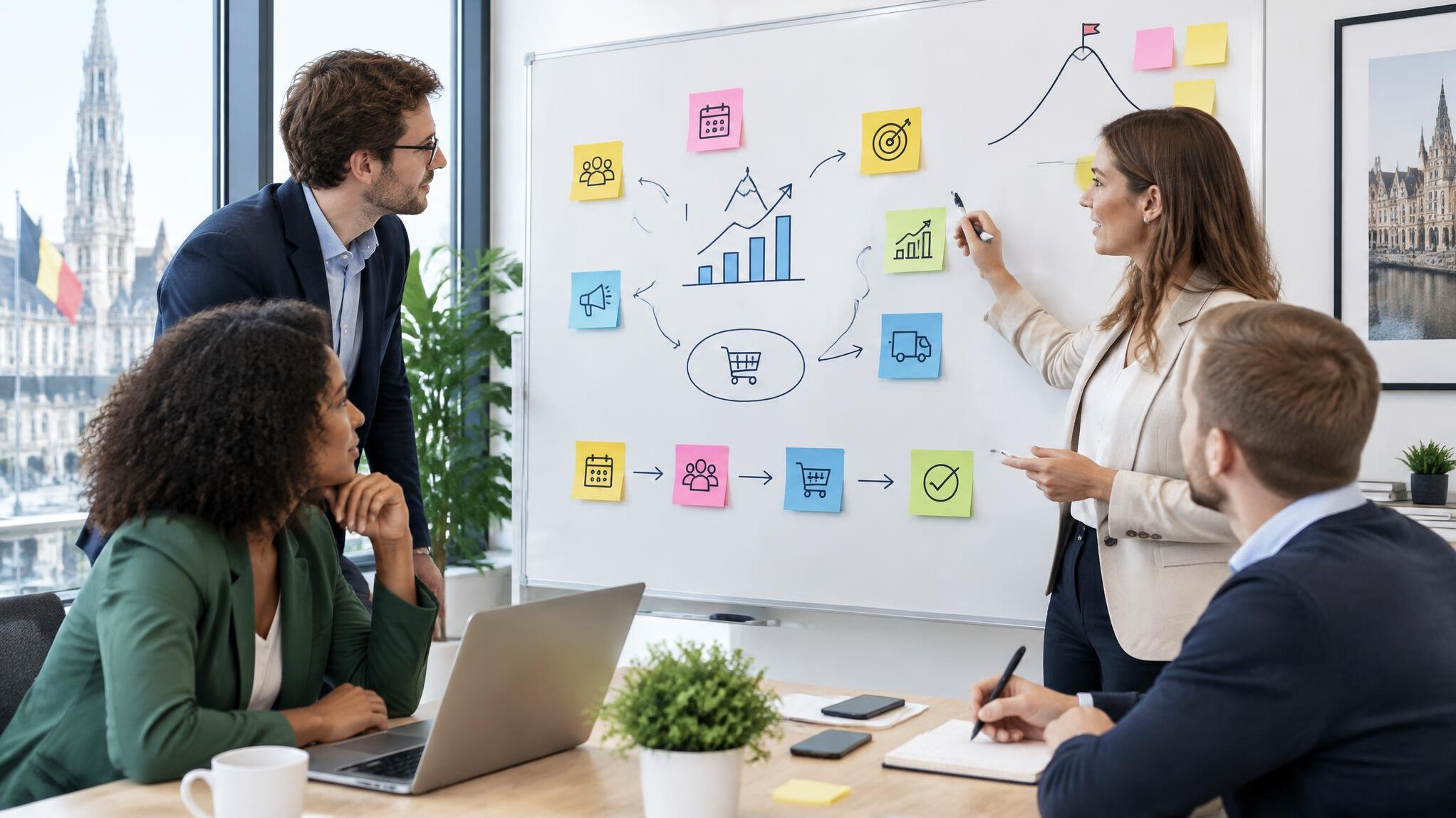 Team of professionals collaborating around a whiteboard during a planning session