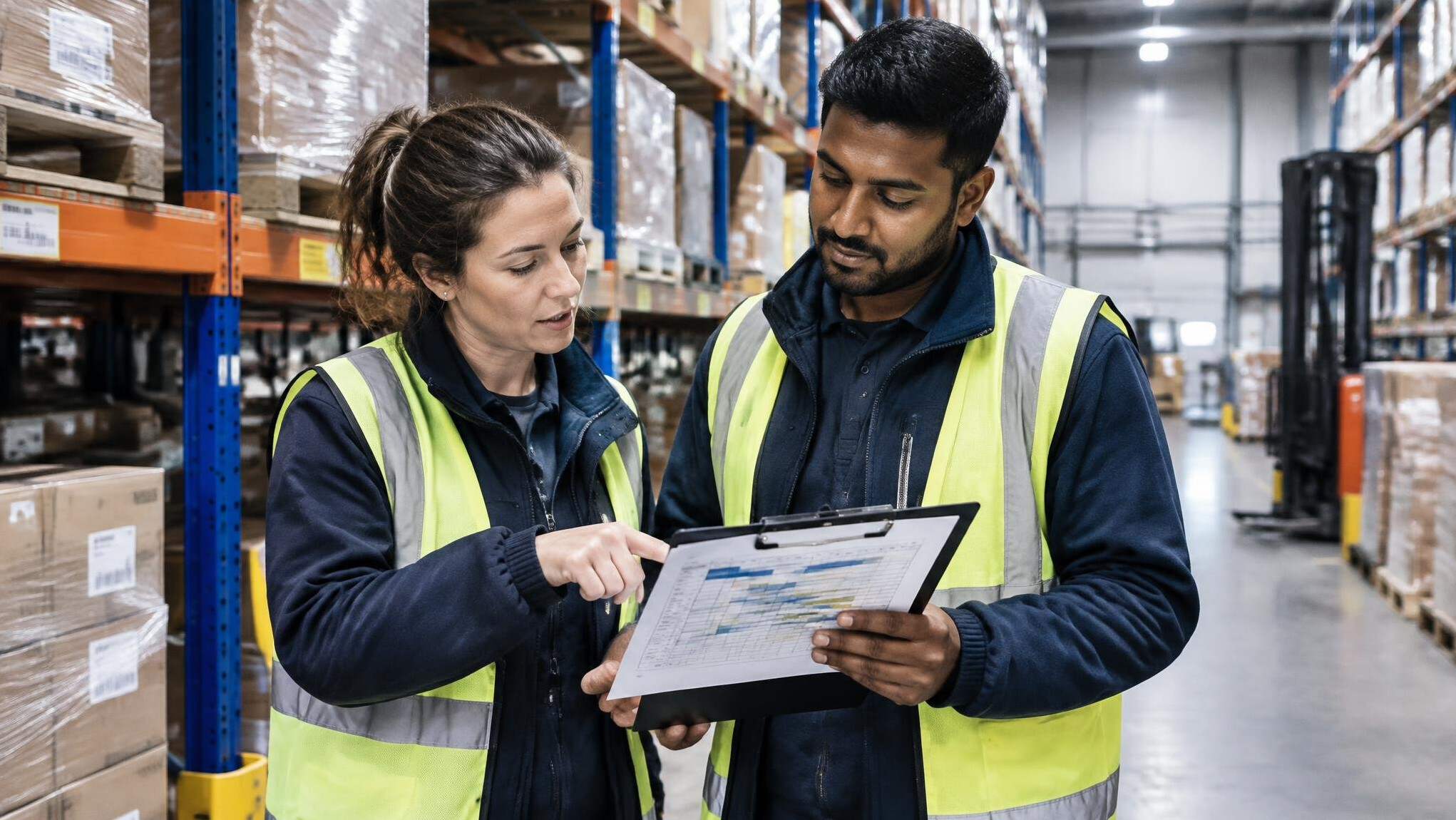 Warehouse logistics planning scene with staff coordinating pallets