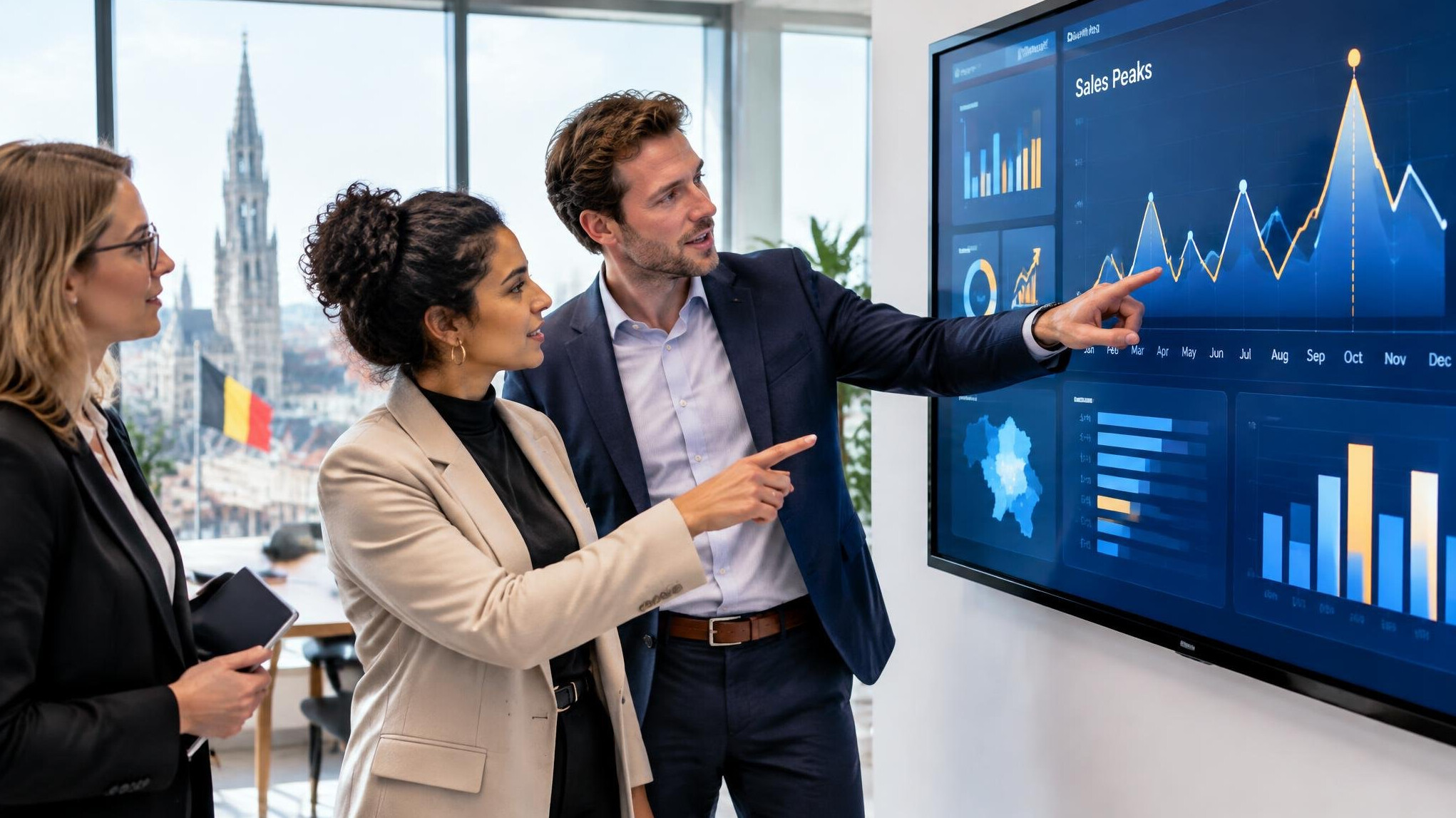 Diverse business team reviewing sales dashboards on a large screen in a modern office