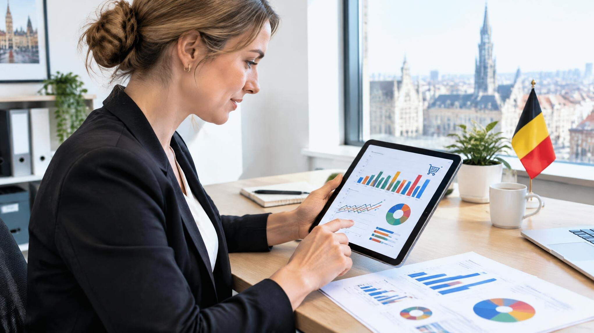 Analyst reviewing retail sales charts on a tablet